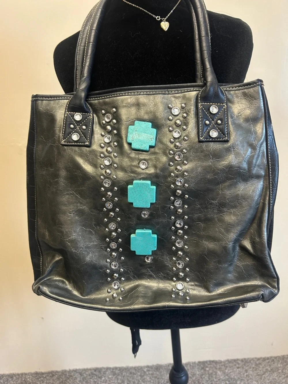 Vintage Country Road metallic green Shoulder Bag with Turquoise cross Accents